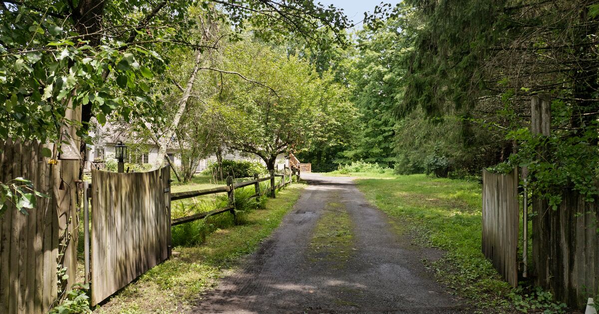A gated drive curving into mature woods in Accord, New York