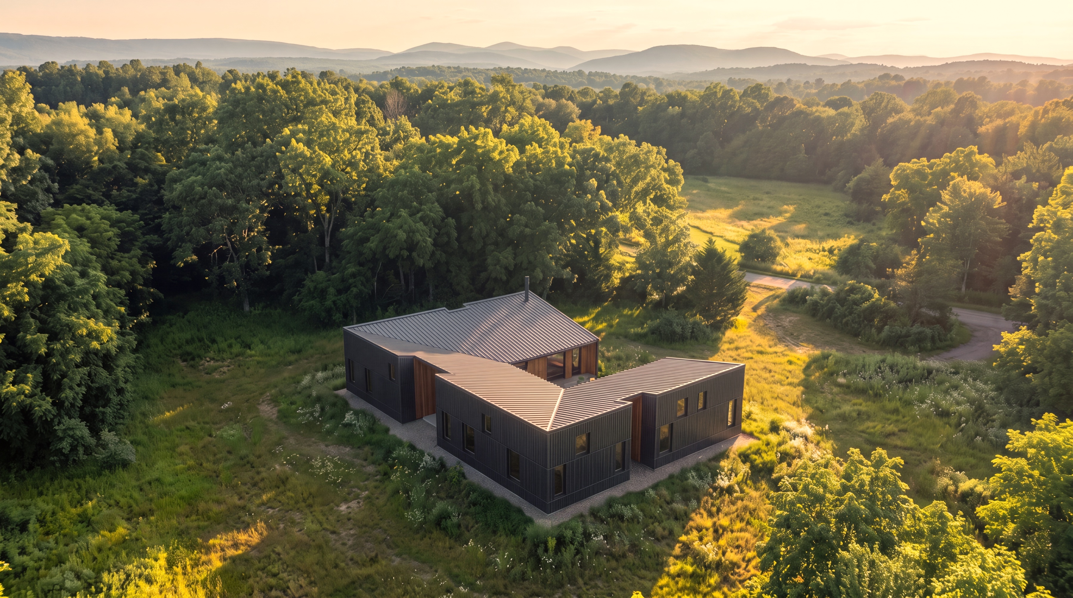 HighFell — golden-hour aerial rendering